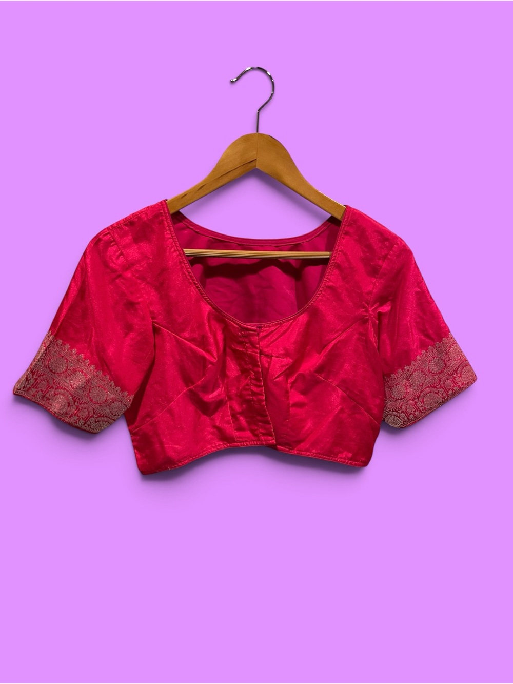 Cute pink silky saree metallic sleeve crop top hook front festival handmade